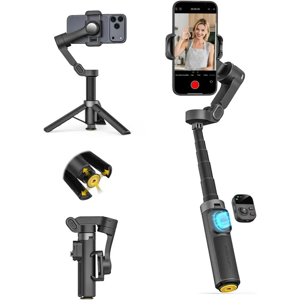 

3-Axis Gimbal with 360° Auto Tracking, One-Tap Tripod, Gesture Control, and 20 Extension Pole