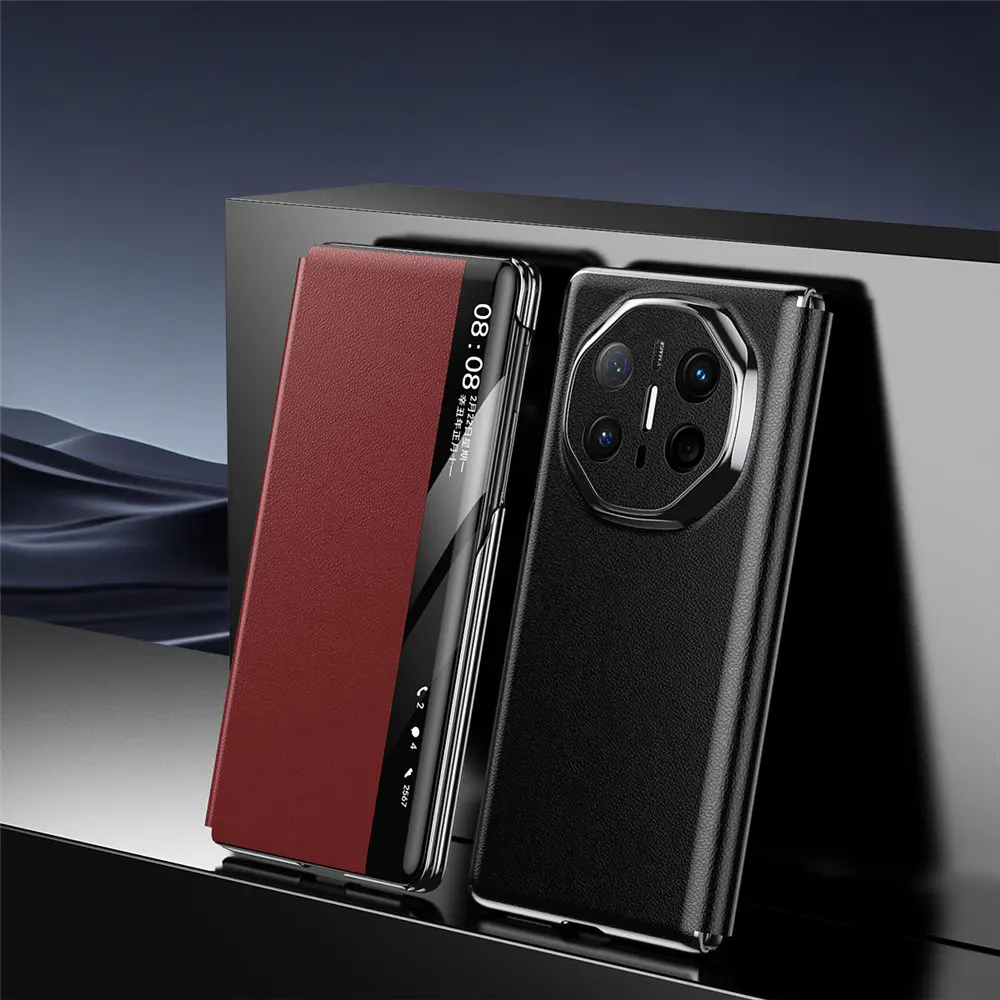 

Magnetic Genuine Cowhide Leather Double Hinge Flip Case For Huawei Mate X6 X5 X3 Window View Cover