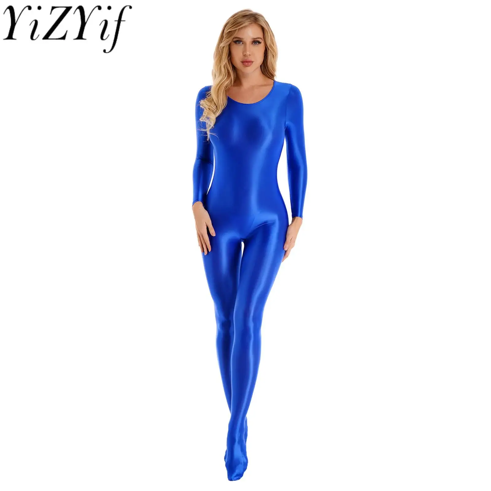 Womens Shiny Oil Long Sleeve Full Body Unitard Bodysuit Pantyhose Jumpsuit Bodystocking Yoga Gymnastics Shapewear Catsuit Tights