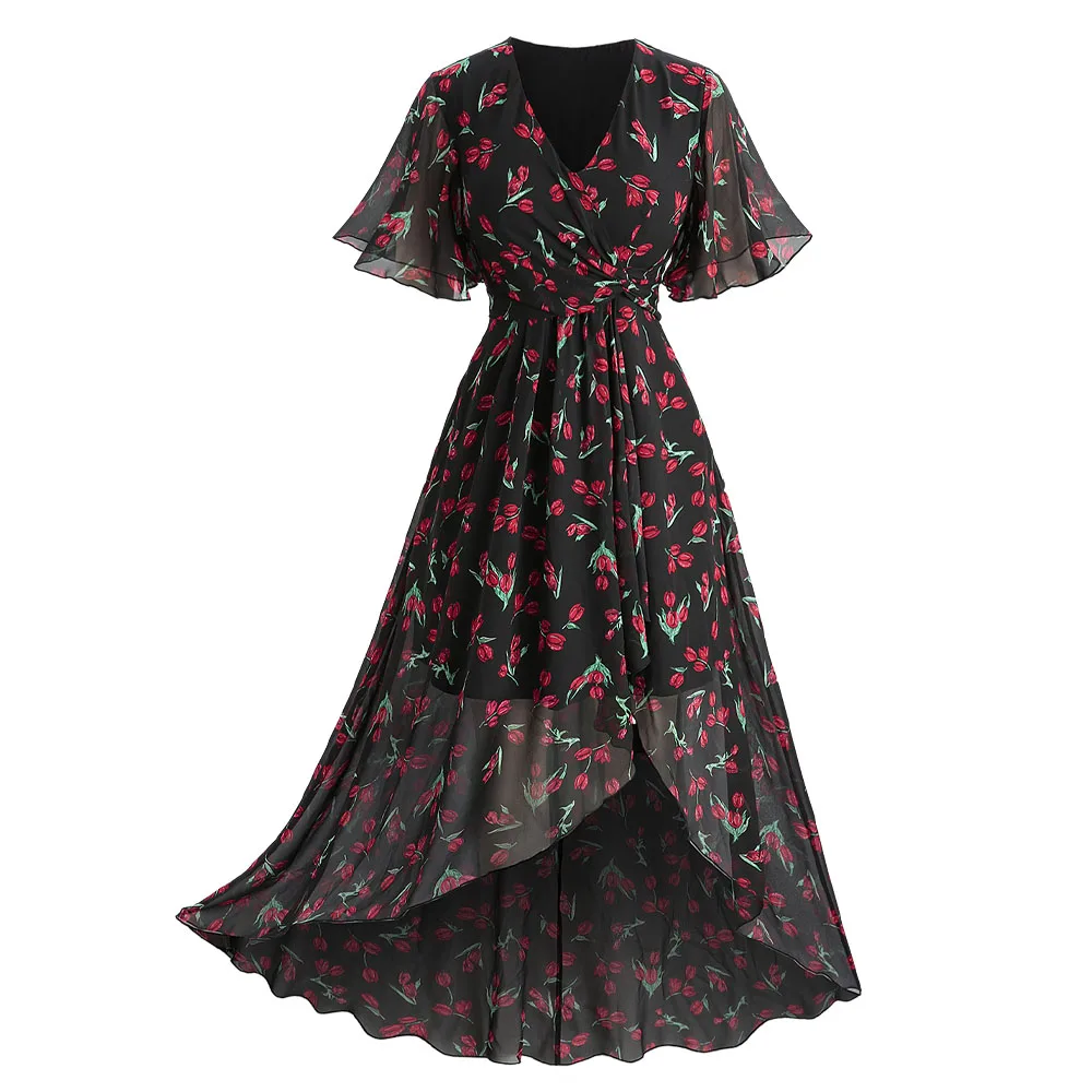 ROSEGAL Plus Size Bohemia Dresses Women's Spring Summer Flowers Printed Ruffles Surplice Tulip Hem Chiffon Dress Casual Costumes