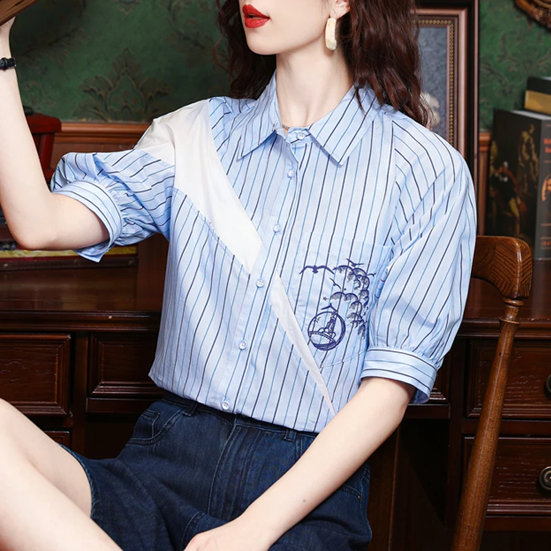 2024 New Summer French Fashion Slim Fit Spliced Vertical Stripe Printed Pocket Shirt Design Versatile and Minimalist Top for Wom