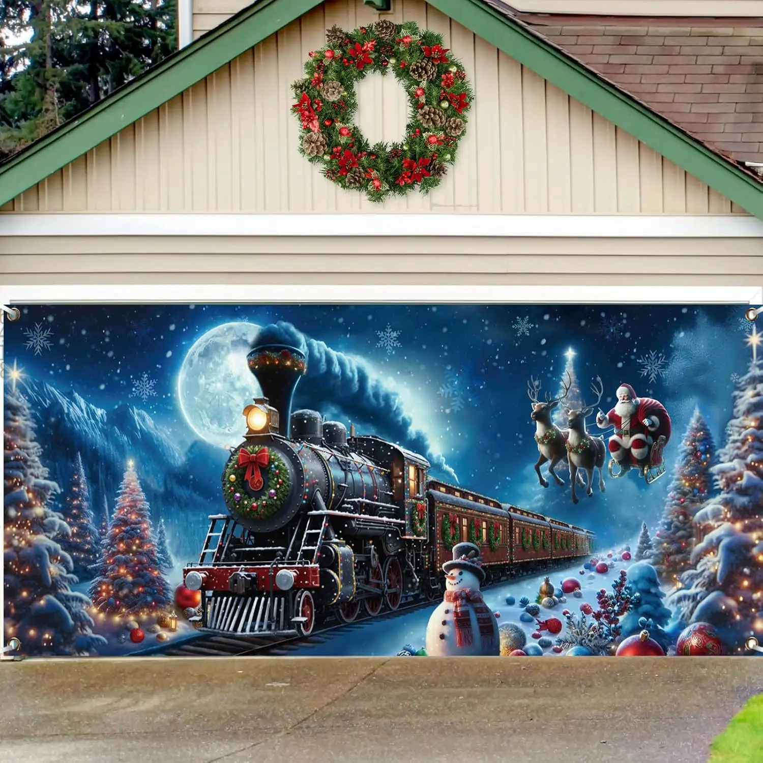 

16x7ft Polar Believe Vintage Train Garage Door Cover Banner, Santa Xmas Eve Holiday Outdoor Wall Decor