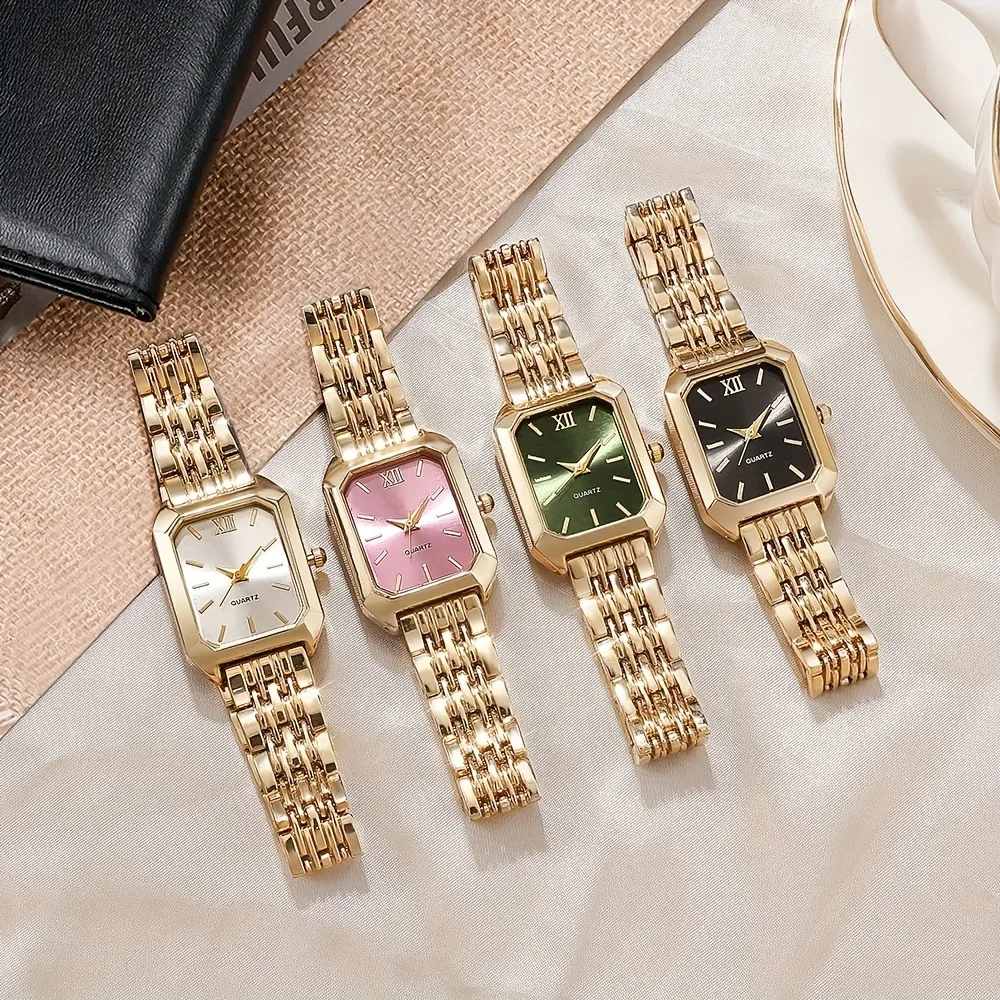 Women's Quartz Watch – Elegant Square White Dial with Gold Case and Colorful Strap Options (Green, Pink, Black, Brown)