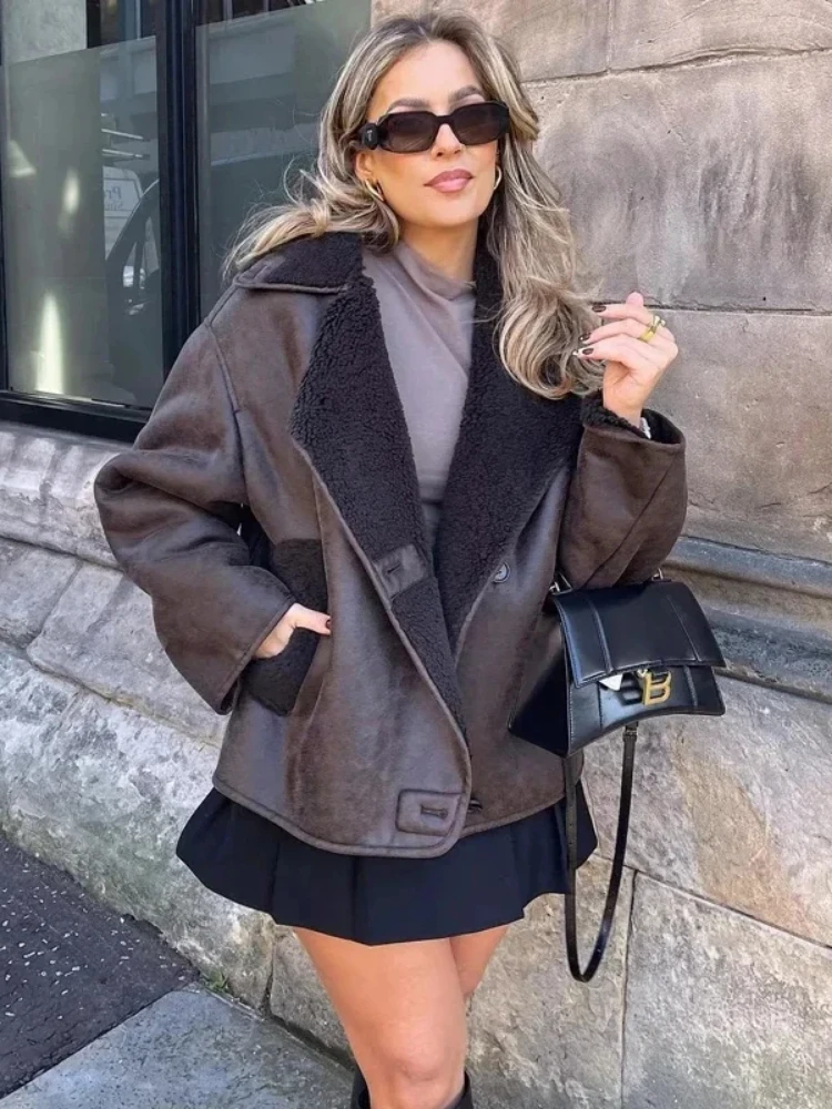 ZBZA Women's Thick Faux Leather Jacket Vintage Warm Lapel Oblique-breasted Loose Pocket Solid Outerwear Winter Female Chic Coat