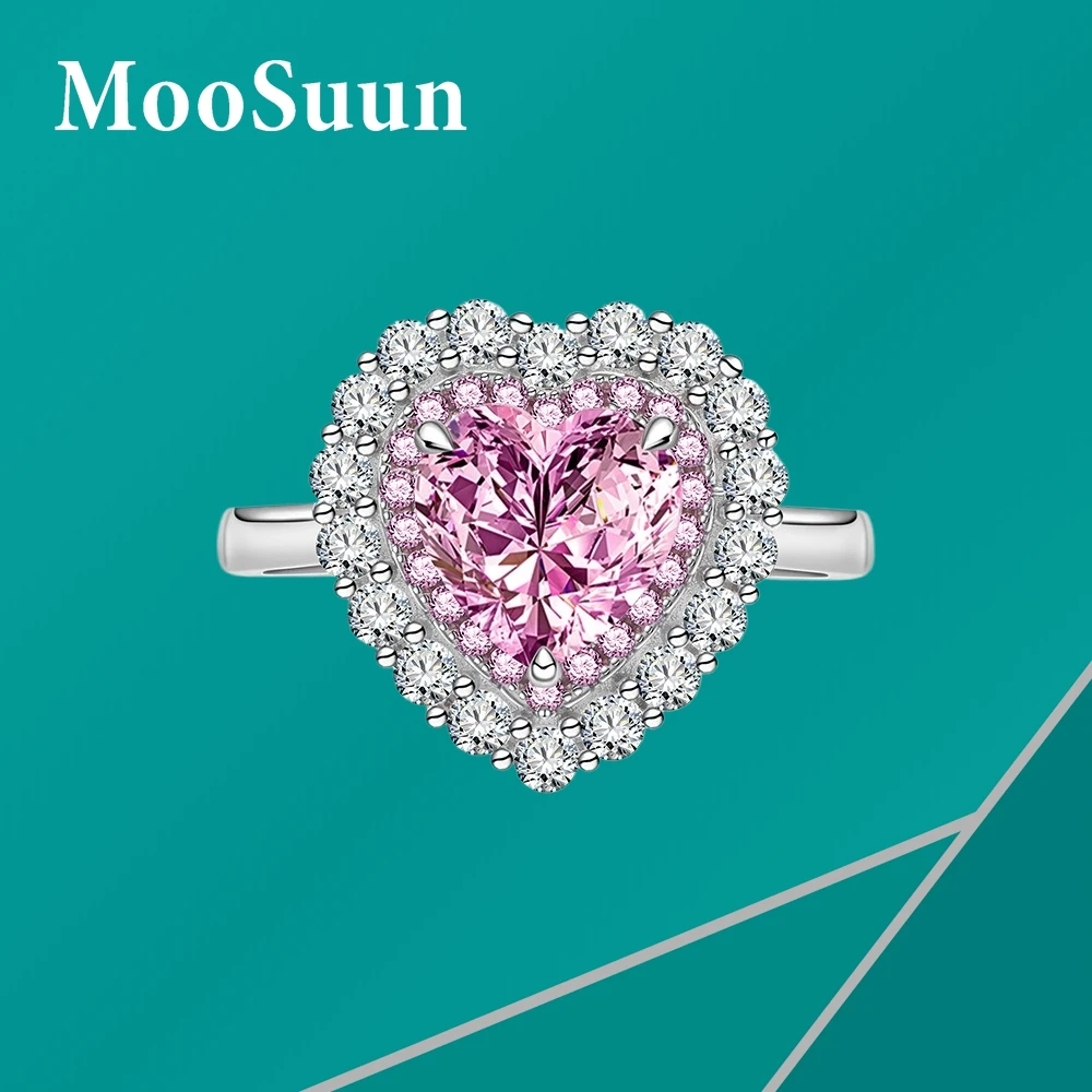 

MooSuun 2.0ct Lab Pink Sapphire Heart-shaped Ring for Women S925 Sterling Silver Fine Jewelry Engagement Ring Promise Band Gift