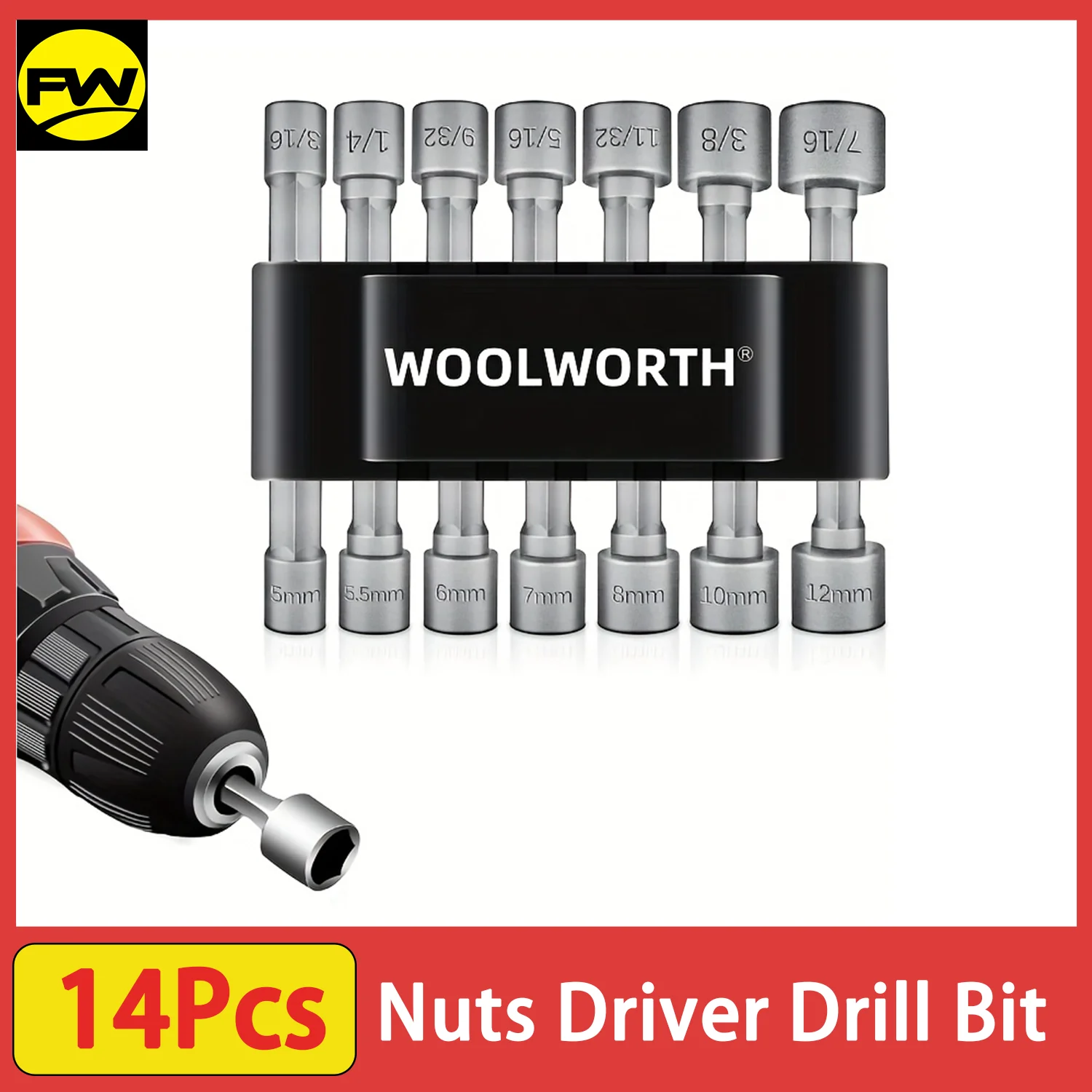 14Pcs Power Nuts Driver Drill Bit Tools Set, 1/4 inch Driver Hex Metric & SAE Socket Wrench Screw for Power Tools