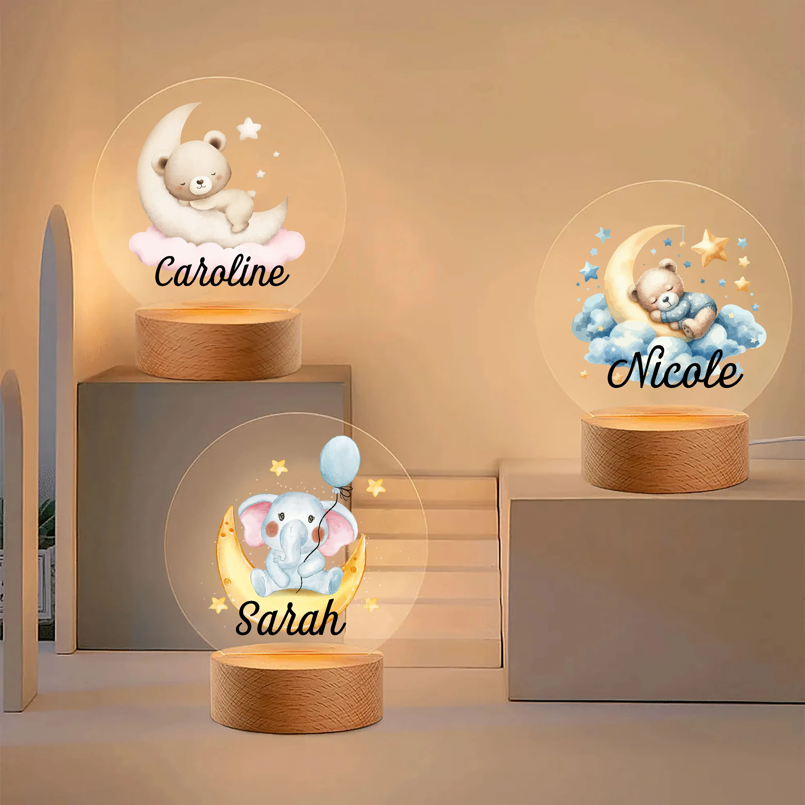 

Personalised Moon Star Teddy Bear Acrylic LED Night Light with Wooden Base and Name Home Decoration Baby Shower Birthday Gift