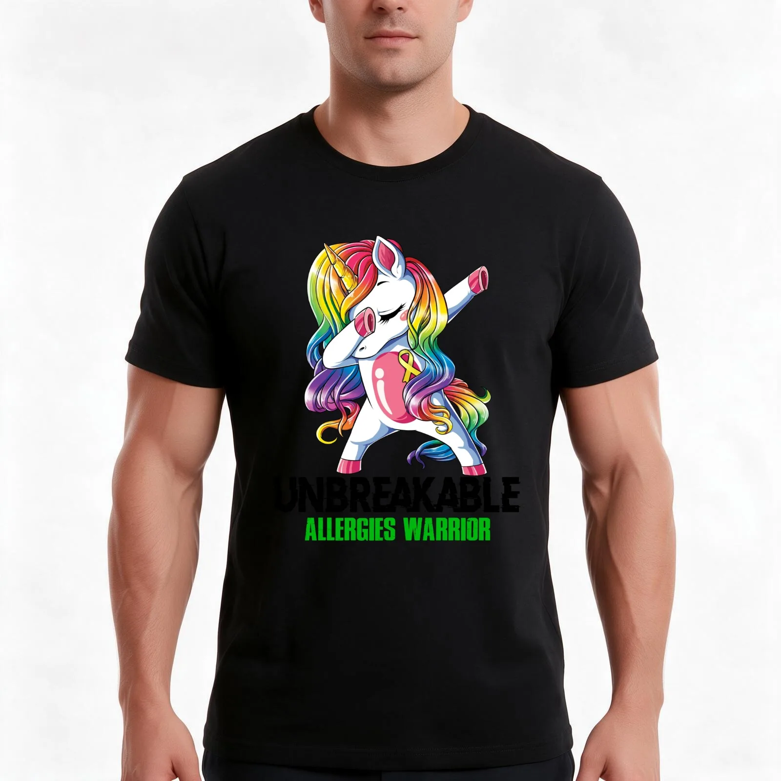 Allergies Awareness - Unicorn Allergies Warrior Ribbon UNBREAKABLE T-Shirt Summer Casual Cotton Tee Oversized Streetwear Tops