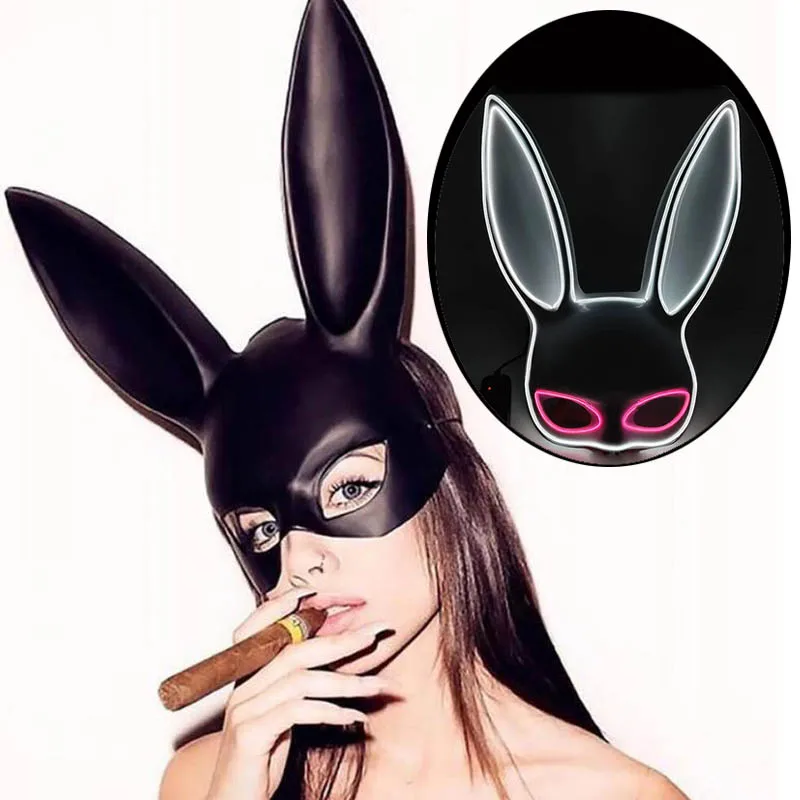 Máscara de Orejas de conejo LED Sexy para mujer, Cosplay de carnaval, fiesta de baile de Navidad, máscara de cuero de conejo lindo, máscara larga de conejo