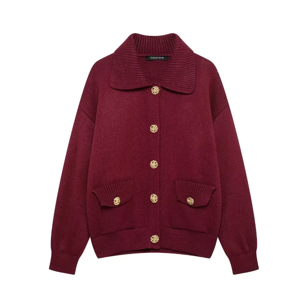 

KONDALA-Women Elegant Knitted Coat Lapel Buttons Long-sleeved Cardigan New 2025 Fashion Spring Fall Casual Loose Knit Coat