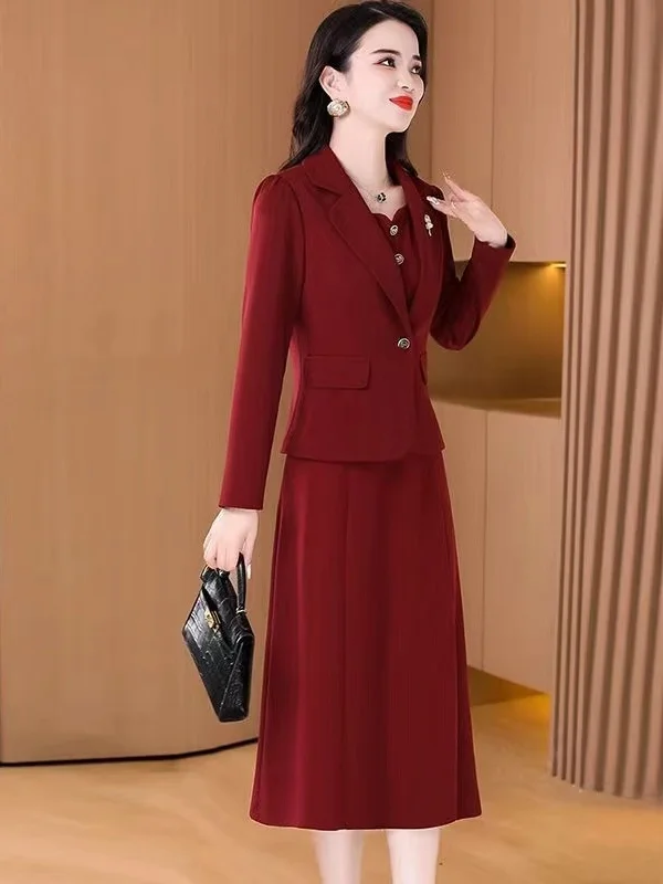 plus Size Slimming Black Suit Dress Two-Piece Set Long Sleeve Thin Style Autumn Fashion Korean Loose Fit High Waist A-Line Skirt
