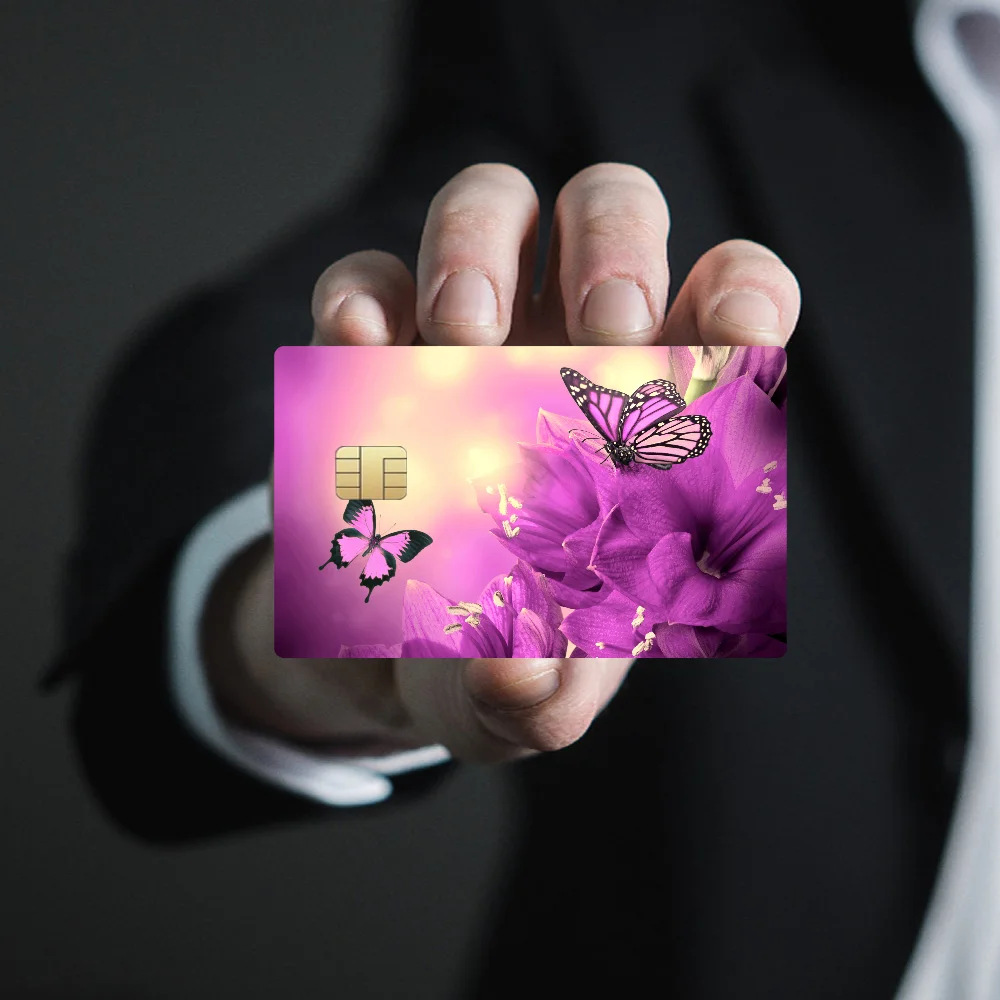 Gorgeous Purple Flower Butterfly Game Film Cover Sticker Case For Small Chip Credit Debit Card Front Side