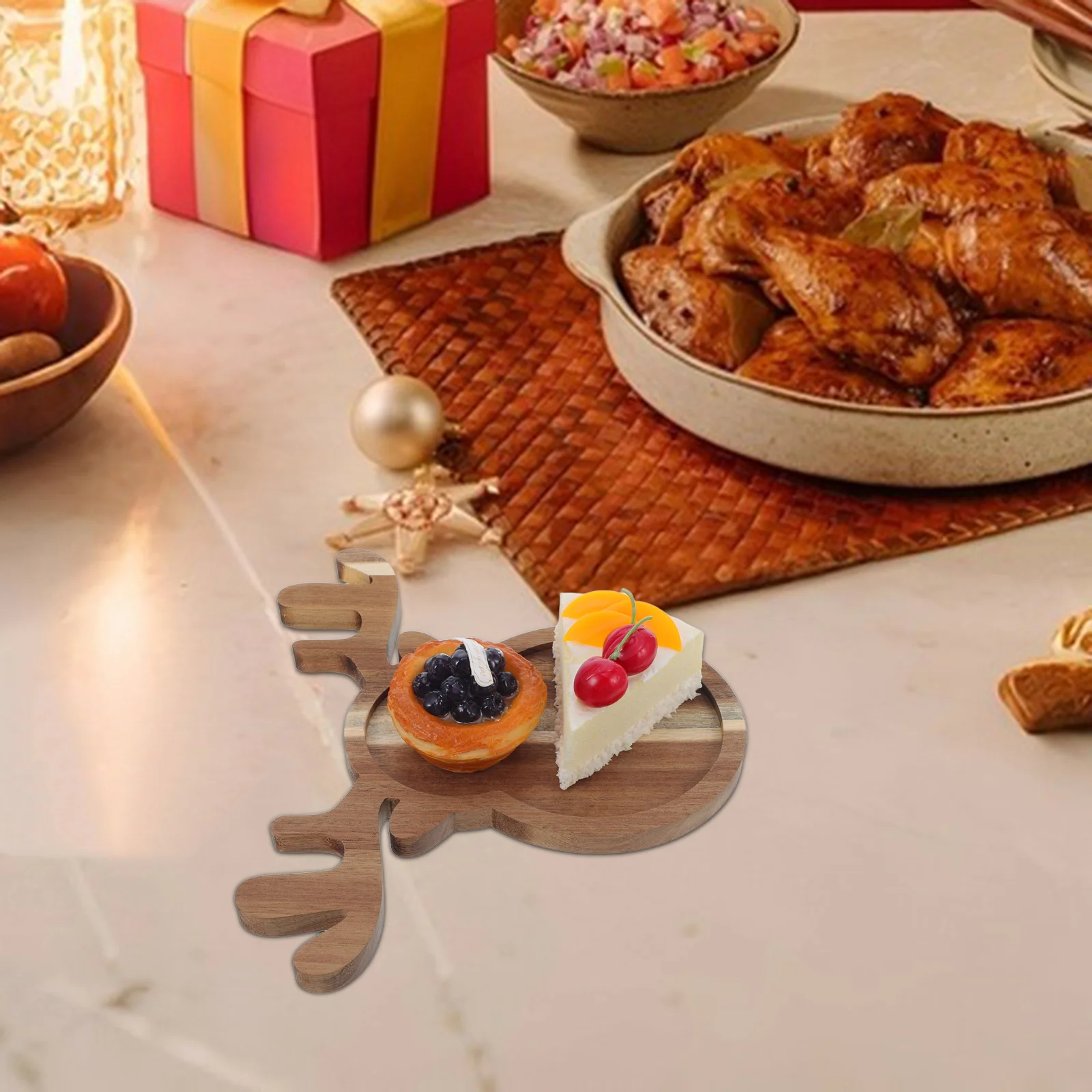 

Wood Christmas Tray Reindeer Antler Shape Serving Platter Snack Dessert Cheese Fruit Charcuterie Board Reindeer Serving Tray