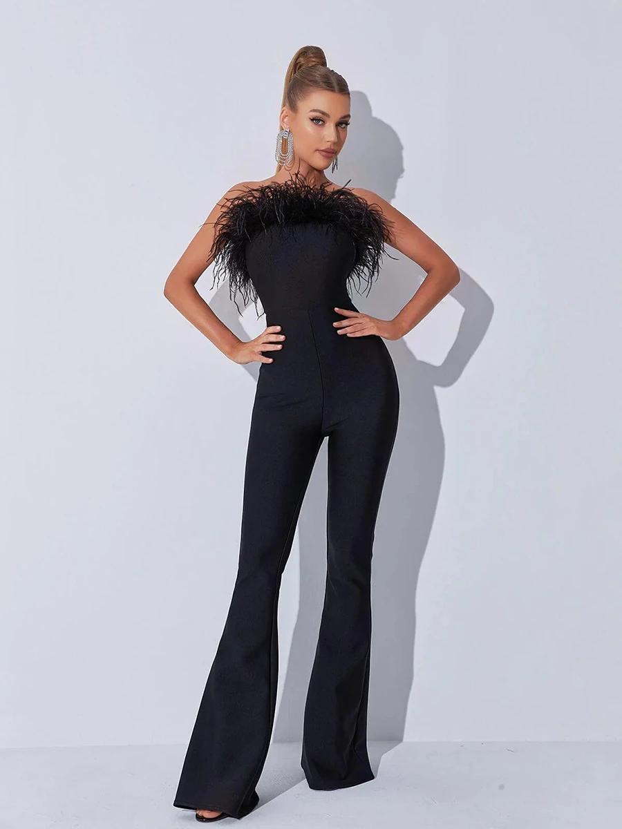 RORORIRI Black Fur Trim Corset Jumpsuit Women Feather Spliced Sexy Strapless Overalls Flare Wide Leg Bib Pants Vintage Clothing