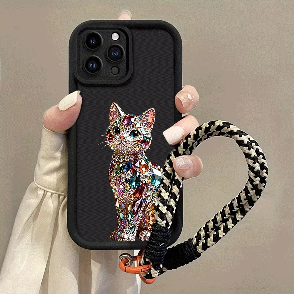 Bunte Diamant-Edelstein-Katzenband-Handyhülle für iPhone 14 15 16 17 ProMax 15 14 13 Pro Plus Stoßfeste Matte Silikonhülle – Detail 3