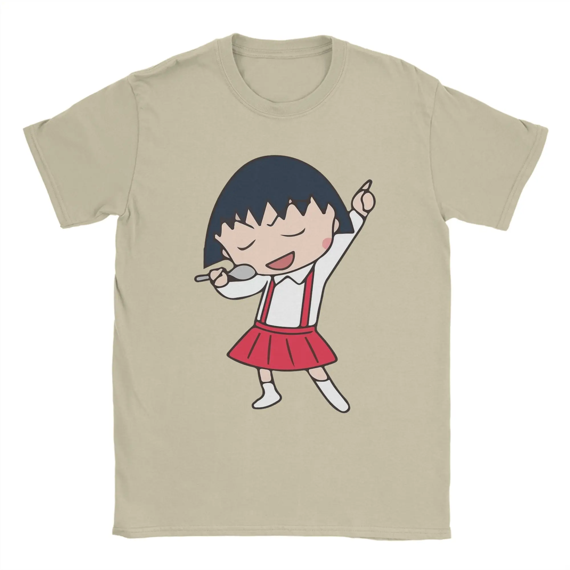 Chibi Maruko-chan sing with a spoon T-Shirts for Men  Novelty Cotton Tees Round Collar Short Sleeve T Shirts Summer Clothing