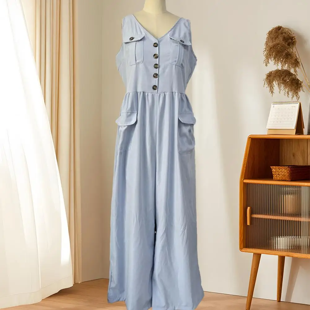 Large Size Women Jumpsuits Casual Vintage Solid Color Sleeveless Straps Loose Jumpsuit Overalls Wide Leg With Multiple Pockets