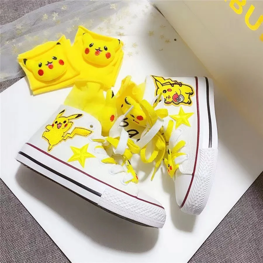 Spring Autumn New Pikachu branded High Top Canvas Shoes Parent Child Shoes Small Large Children\'s Korean Embroidered Board Shoes