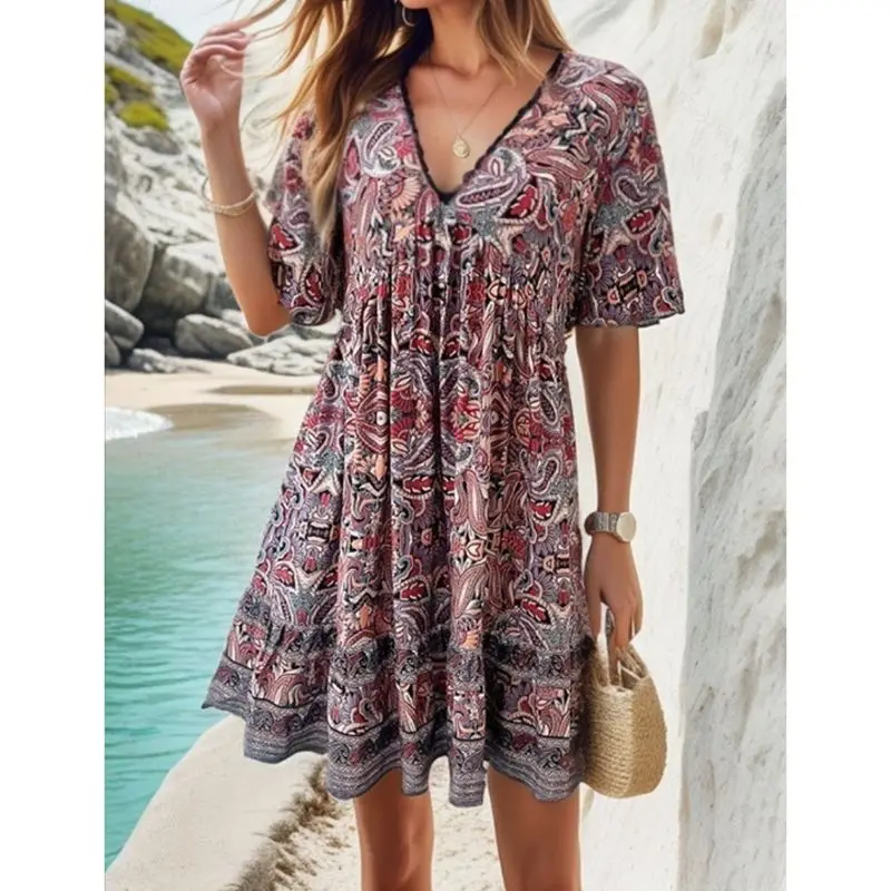 Combhasaki Minivestido corto de verano para mujer, manga corta, cuello en V, estampado floral estético, corte holgado, corte en A, para citas diarias informales