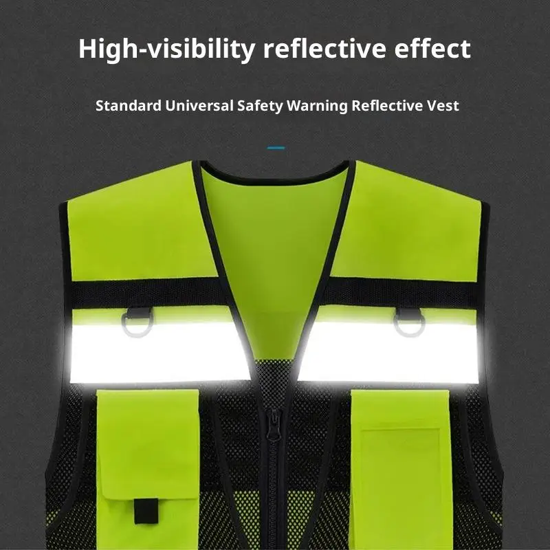 Men Customized Safety Vest Multiple Pockets Traffic Duty Protection Night Light Road Commuting Work Clothes Vest Printed Logo