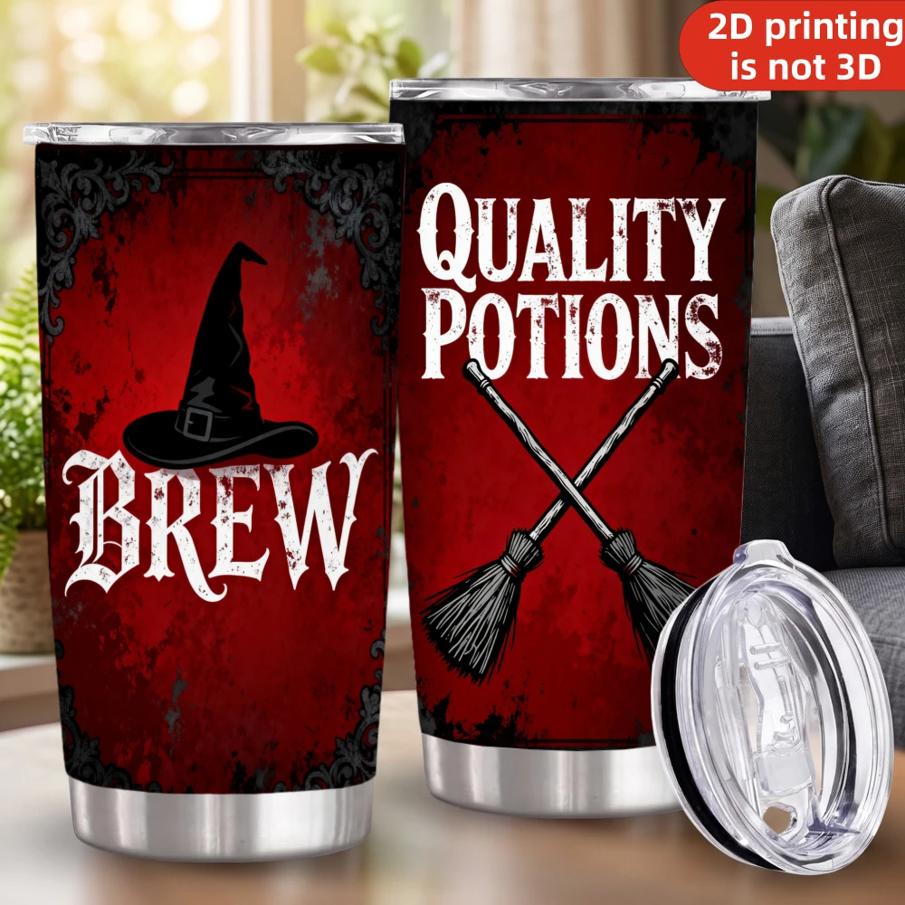 20oz Brew Quality Potions Red Printed Stainless Steel Tumbler with Lid and Straw, Gothic Witch Hat Crossed Brooms Dark Magic Halloween Vacuum Insulated Travel Coffee Mug Gifts