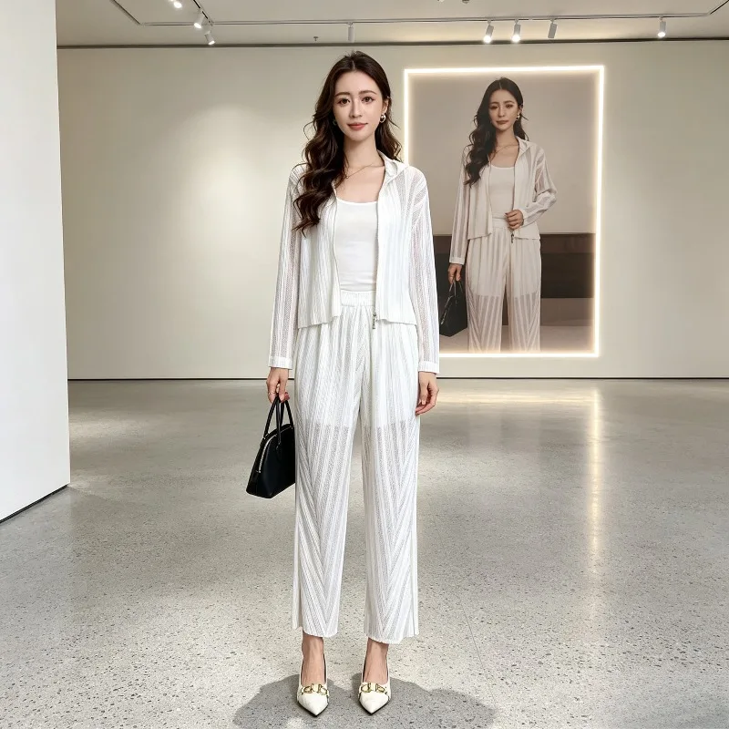 

Miyake Pleated 2026 Sun Protection Energetic Set for Women Summer Hooded Cardigan and Wide-Leg Pants Casual Two-Piece Set Pleat