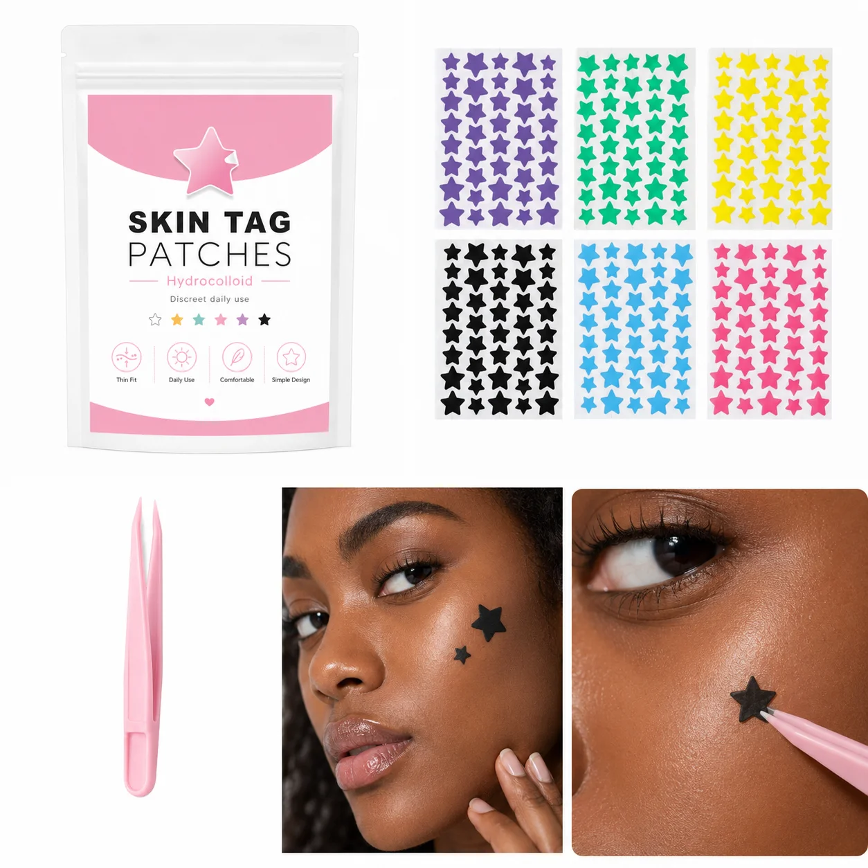 240 Count Patches in 6 Colors With Pink Tweezers, for Facial Coverage, Conceals, Blocks Dust, Powder-Proof, Sweat-Proof, for Dec
