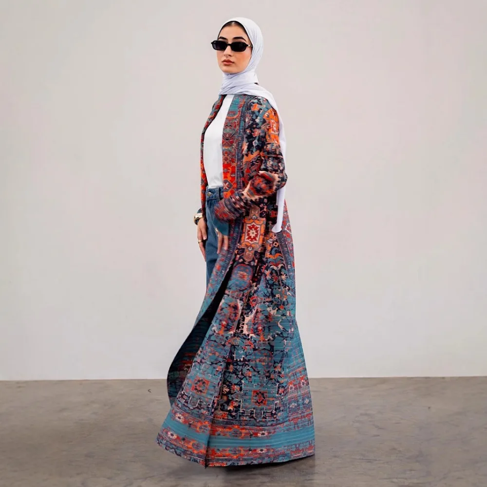 Abaya Temperament Plus Size Women's Miyake Pleated Long Trench Coat Jacket Middle East Robe Printed Arabian Cloak 55 Inches