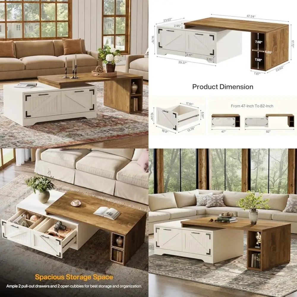 

Выдвижной большой журнальный столик для гостиной, 47,24-дюймовый прямоугольный чайный коктейльный столик в фермерском доме с 2 ящиками для хранения вещей