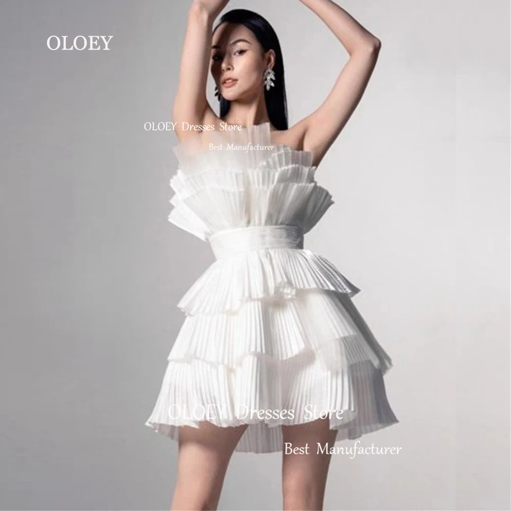 OLOEY 2024 Unique Mini Wedding Dresses Photo Shoot Strapless Tiered Pleated Satin Bridal Gowns Free Custom Lace Up/Zip Back