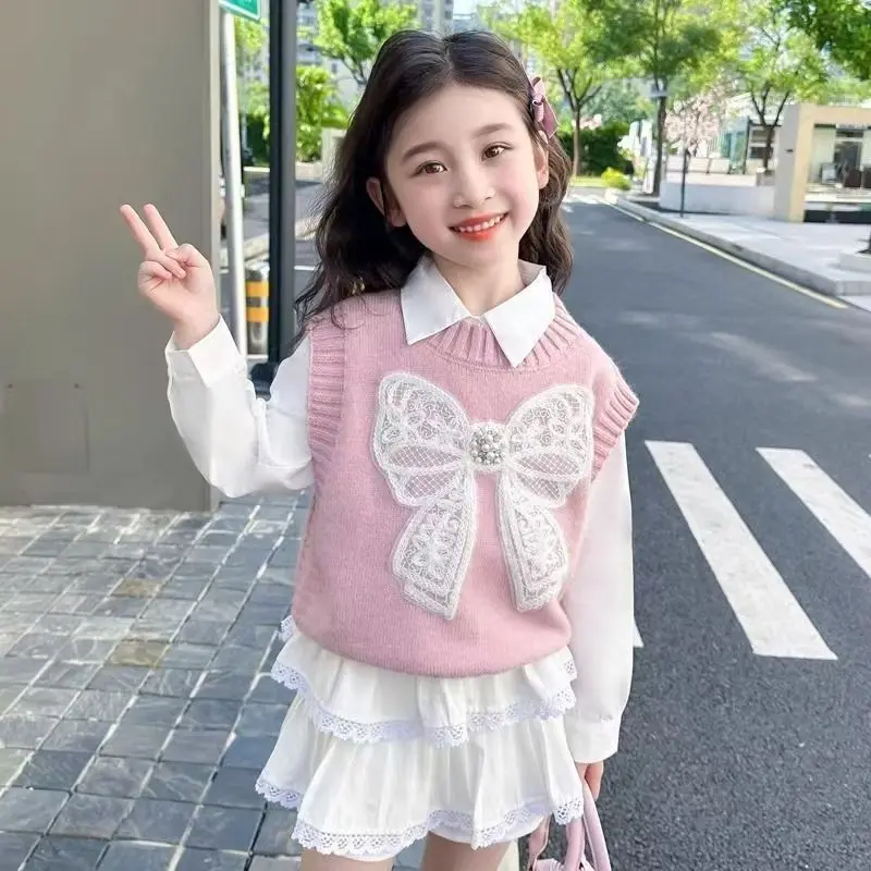 Girls' Vest 2026 New Style Spring and Autumn Children's Fashionable Embroidered Knitted Vest Baby Wear Off Shoulder Sweater