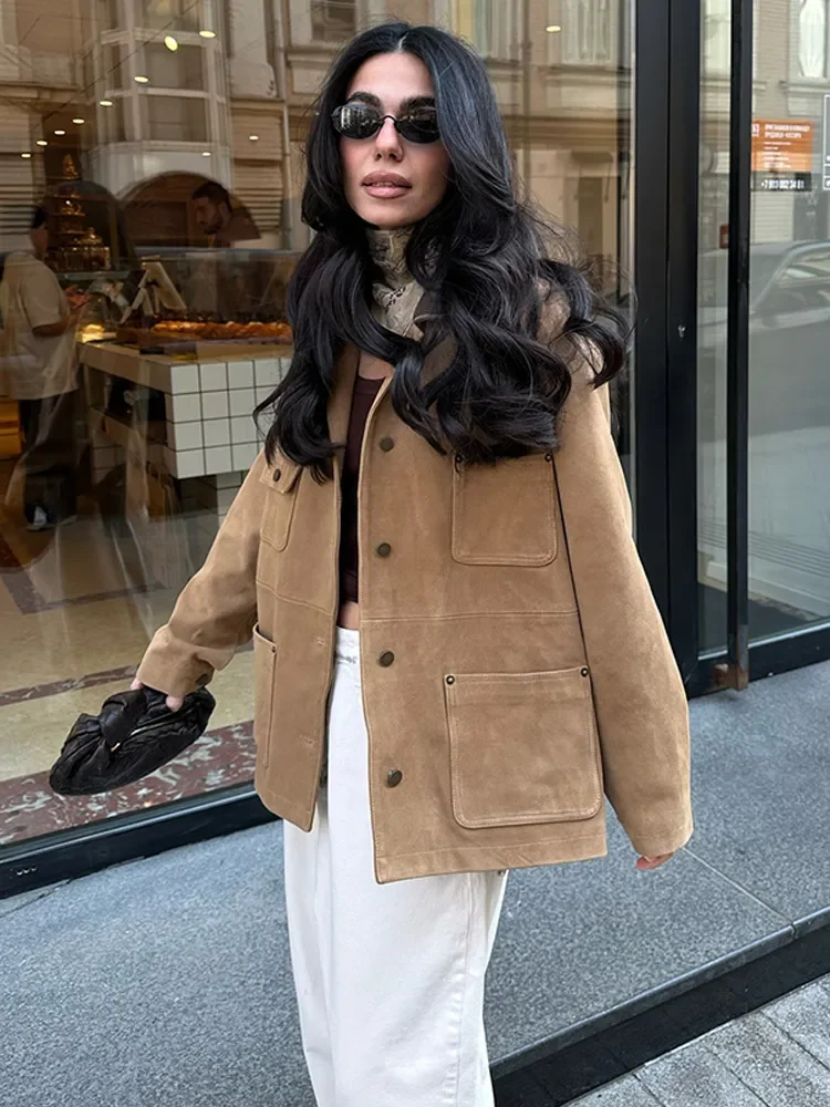 

Female Suede Solid Cropped Jacket Lapel Maxi Sleeve Single Breasted Multi Pockets Loose Coat 2025 Autumn Lady Daily Street Tops
