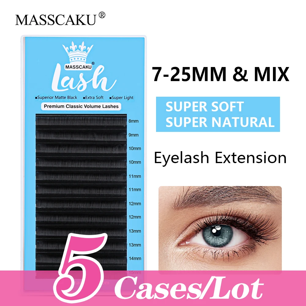 MASSCAKU 5cases/lot Individual Volume Eyelash Extension 12 Rows 8-25mm Single Length Matte Black Classic Regular Lashes Trays