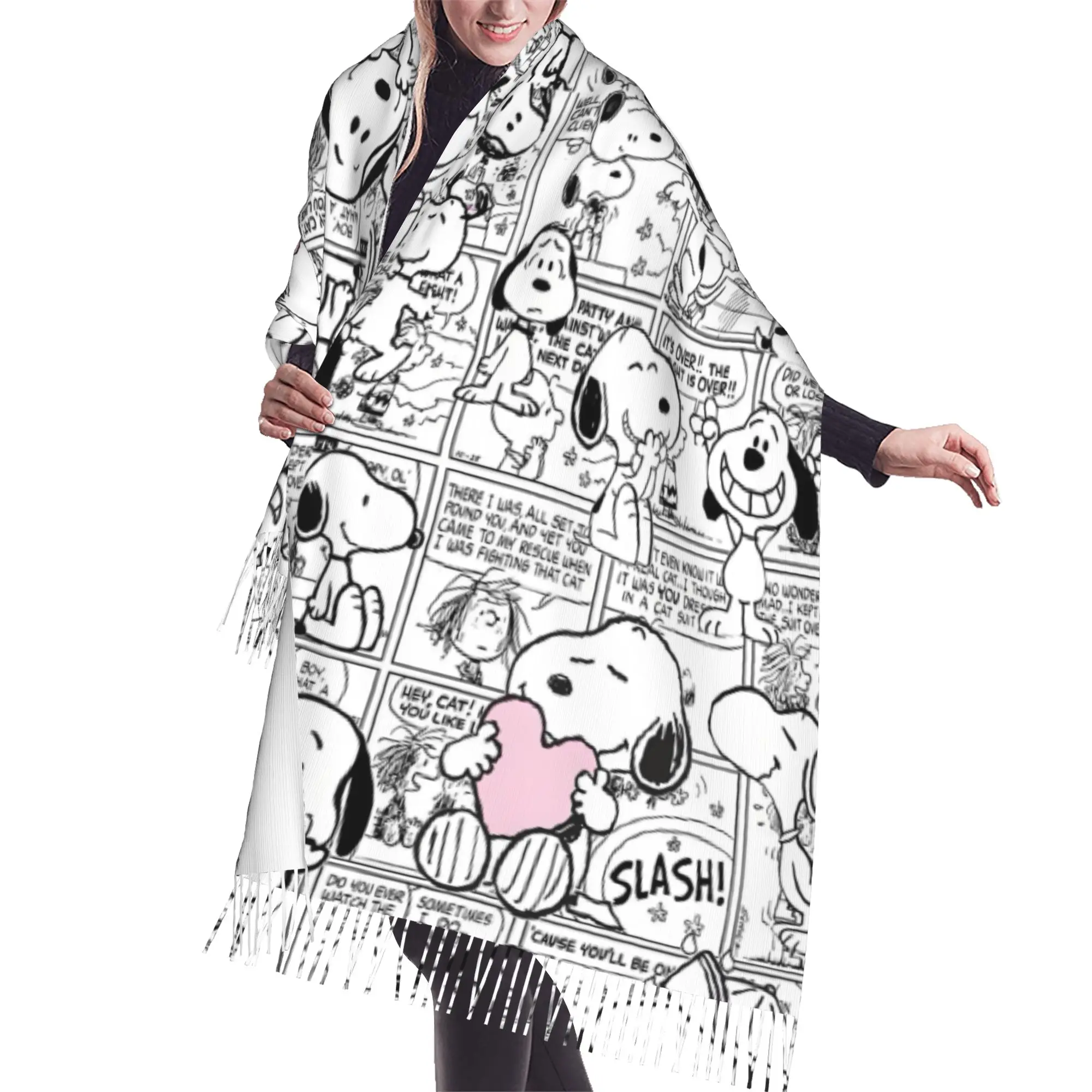 Custom Female Long S-snoopied Dog Scarves Women Winter Fall Thick Warm Tassel Shawl Wrap Anime Manga Scarf