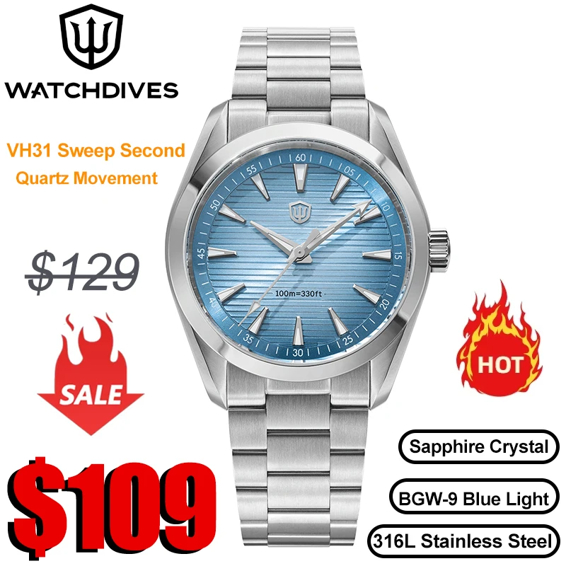 Watchdives WD0006 Watch VH31 Sweep Second Movement Domed Sapphire Crystal BGW9 Luminous 10Bar Waterproof 38mm Vintage Watches