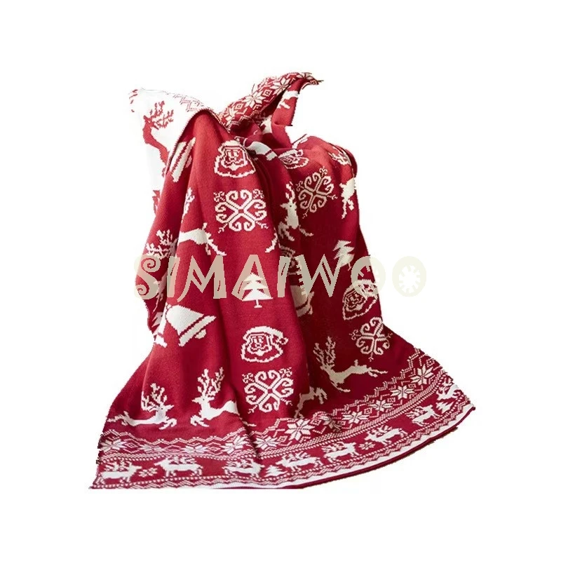 INS Nordic Classical Christmas Series Blanket Bells Deer Santa Claus Knitted Full Cotton Red Soft Skin Friendly Camp Cover Quilt