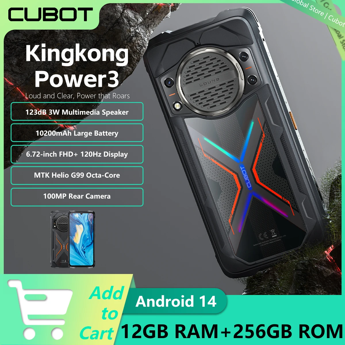 Cubot KingKong Power 3 Прочный смартфон Android 14 Динамик 123 дБ Helio G99 6,72 дюйма Экран 120 Гц 12 ГБ + 256 ГБ Аккумулятор 10200 мАч