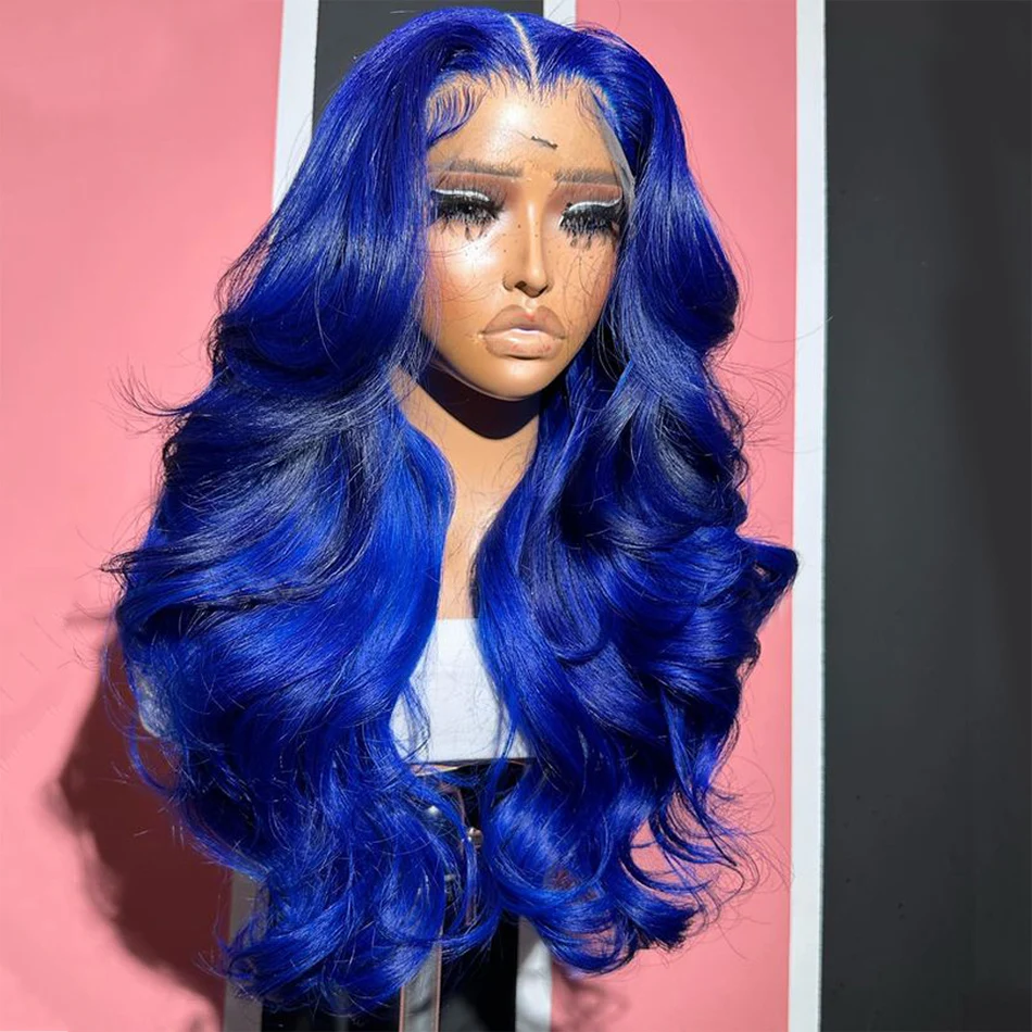 Perruque Lace Front Wig Body Wave Brésilienne Naturelle, Cheveux Humains, 13x4, Pre-Plucked, Transparent, Bleu Royal, pour Femme Africaine