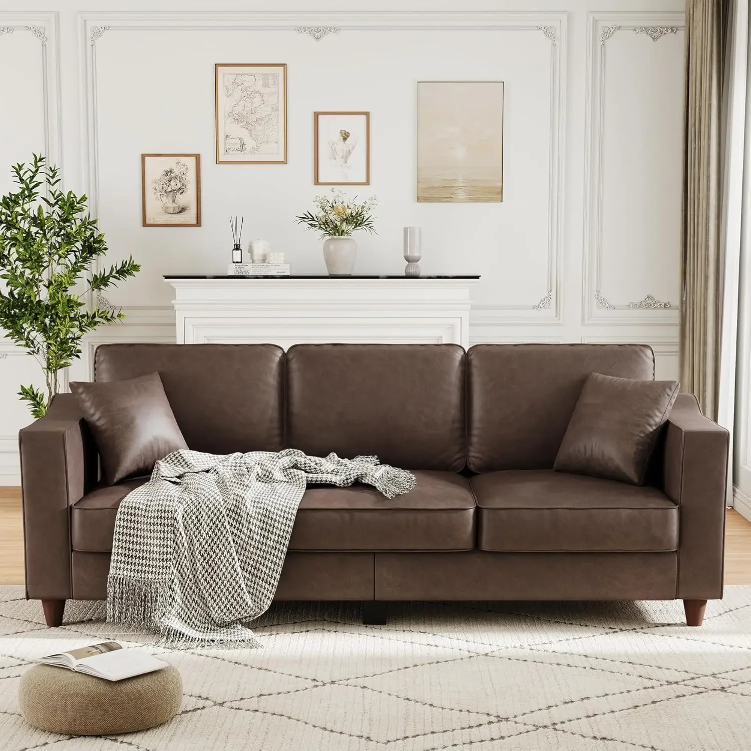 Faux Leather Couch with 2 Throw Pillows, Sofa Couches for Living Room, 3 Seater Sofa with Wide Armrests, Wood Legs, Deep Seats,