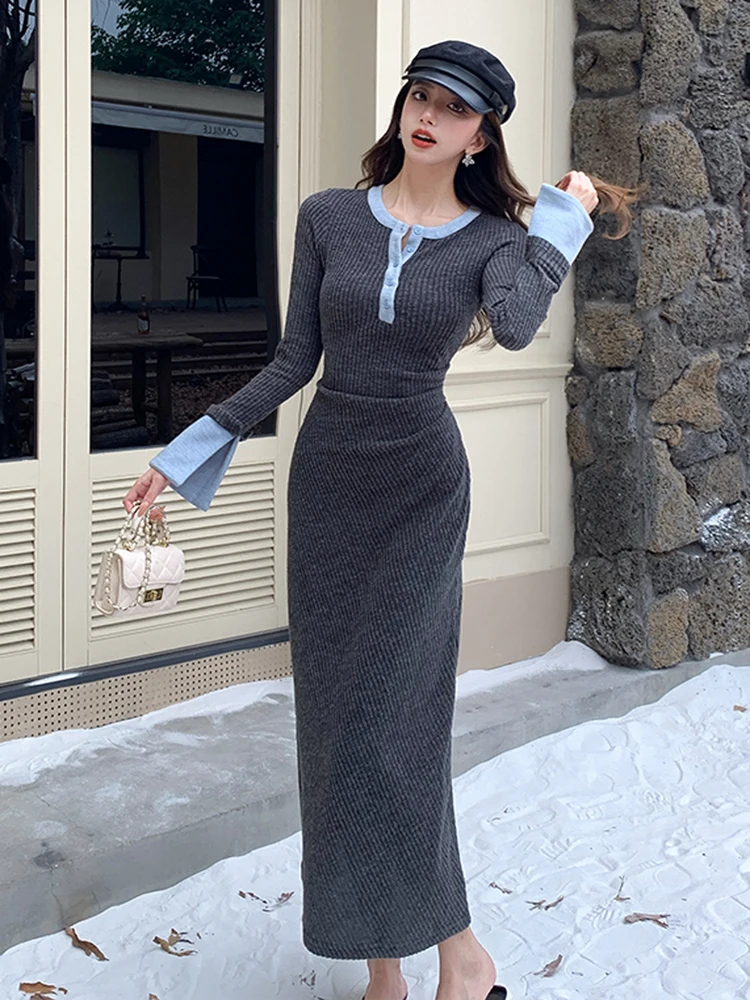 Women Fashion Color Collision Knitting Hight Waist Slim Fit Bodycon Dress Sheath Midi Casual Sweater Dresses Ladys Winter Autumn