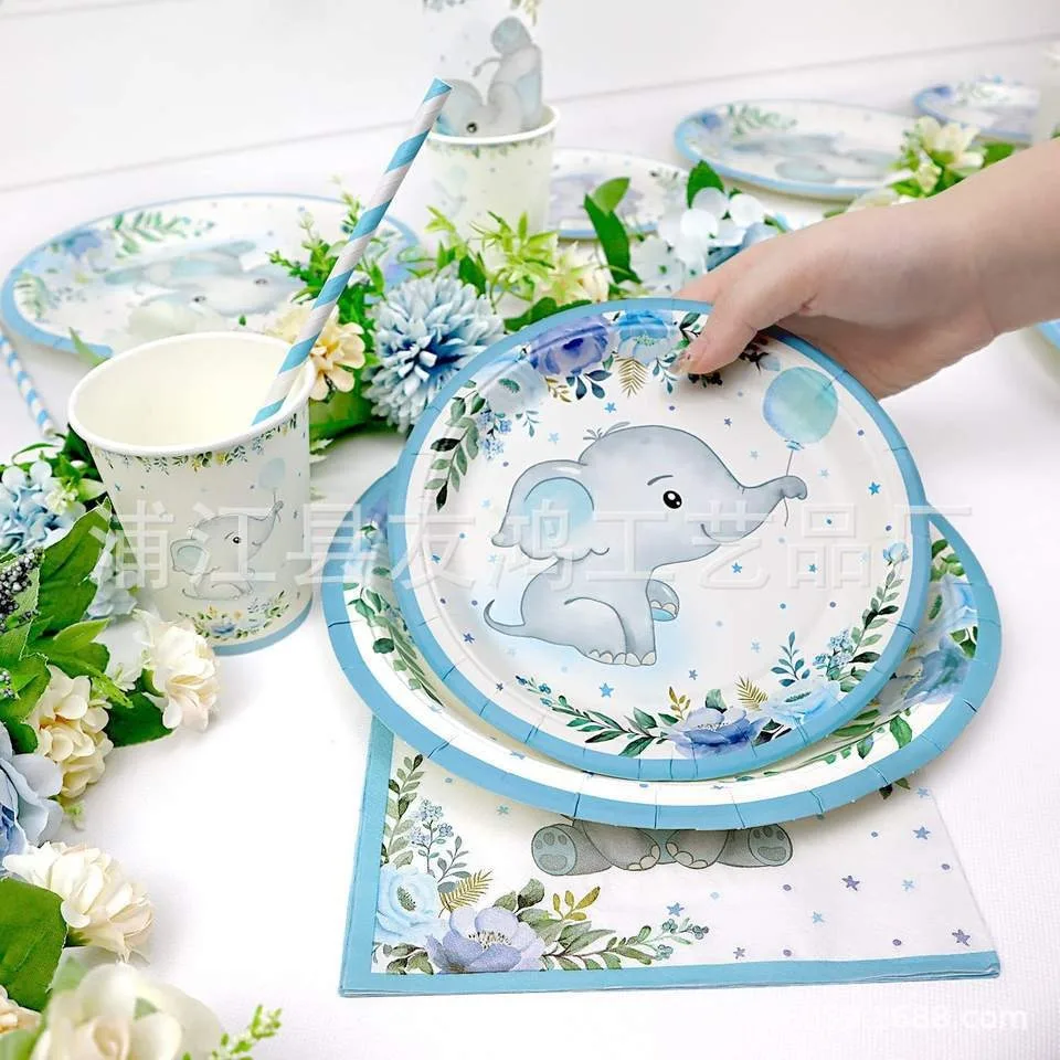 Boy Blue Elephant Theme Baby Welcoming Party Decorations Disposable Tableware It's A Boy Baby Shower Paper Plates Cups Napkin