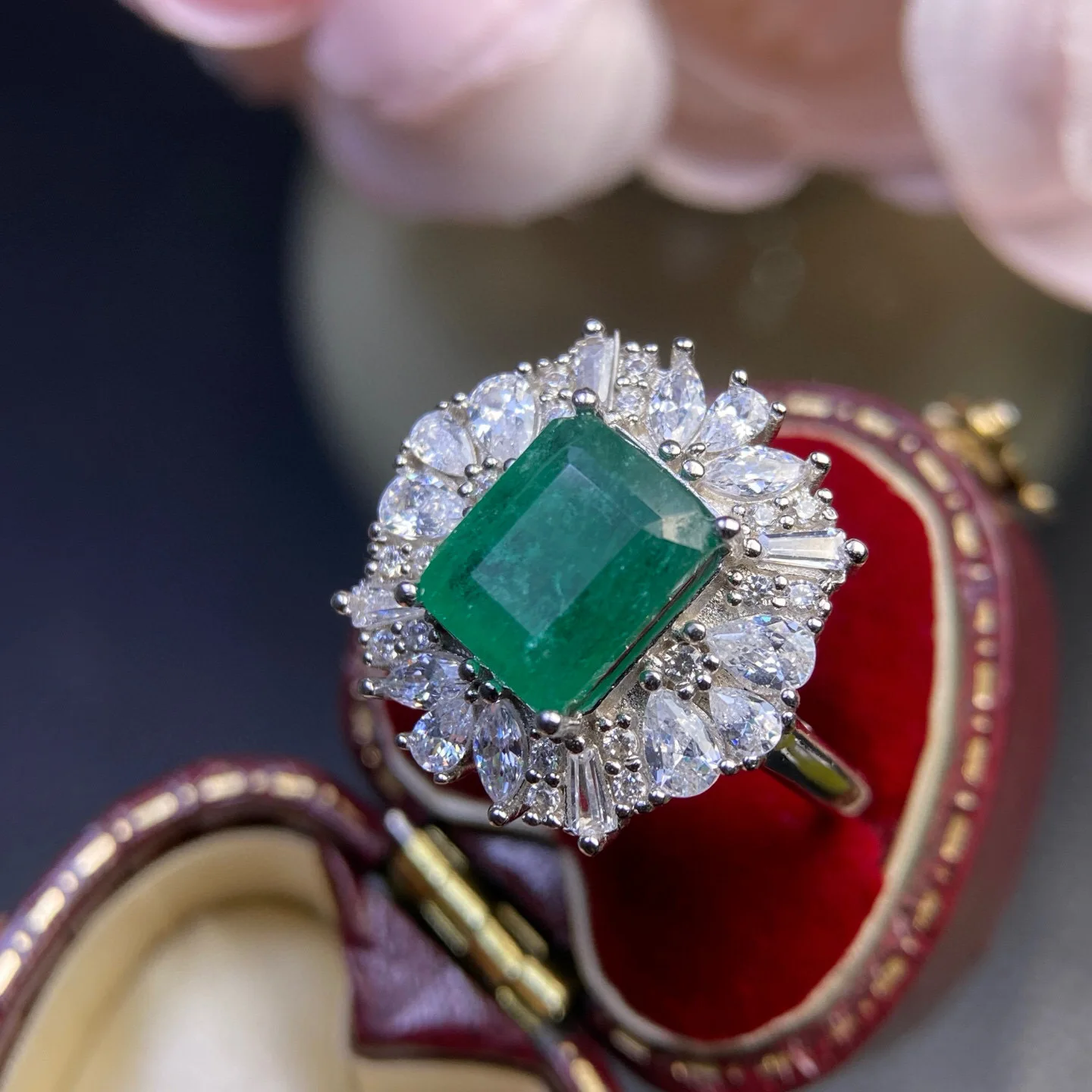 Natural Emerald Statement Ring 8x10mm Main Stone 925 Sterling Silver Fine Crafted Halo Setting Cocktail Ring