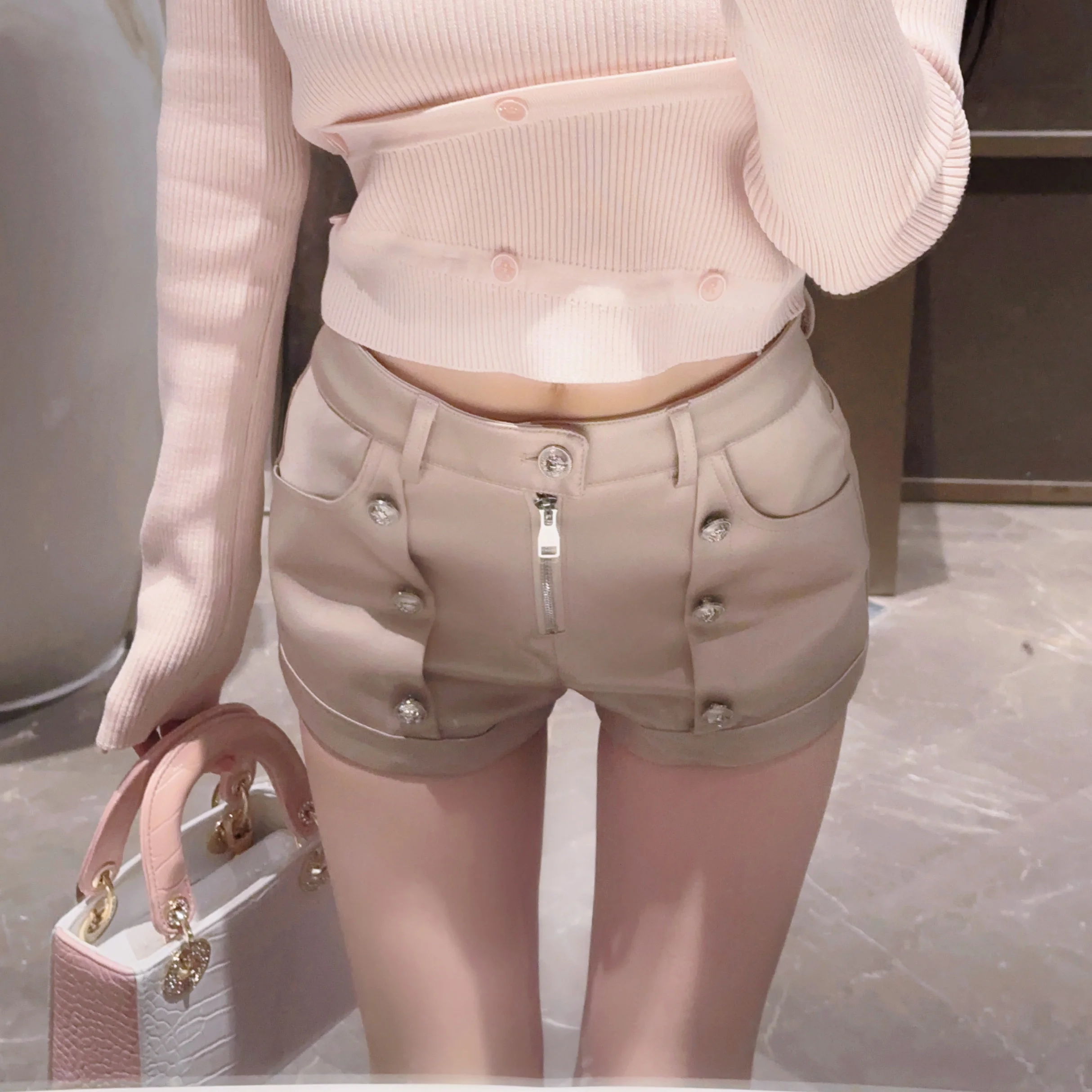 Satin Double-breasted Shorts Zipper High Waist Suit Shorts for Women Slim Fit Casual Pants Elegant Office Lady All Match