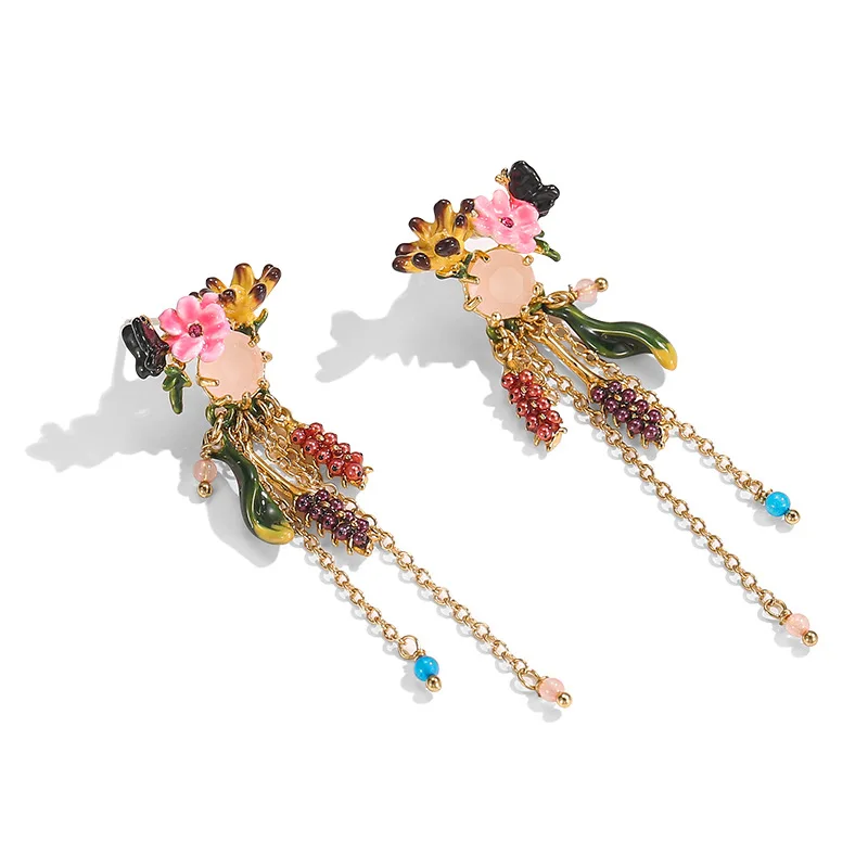 Fashion Enamel Yellow Pink Flower Pearl Pendant Long Tassel Earrings Retro Luxury New Butterfly Charm Green Leaf Dangles Jewelry