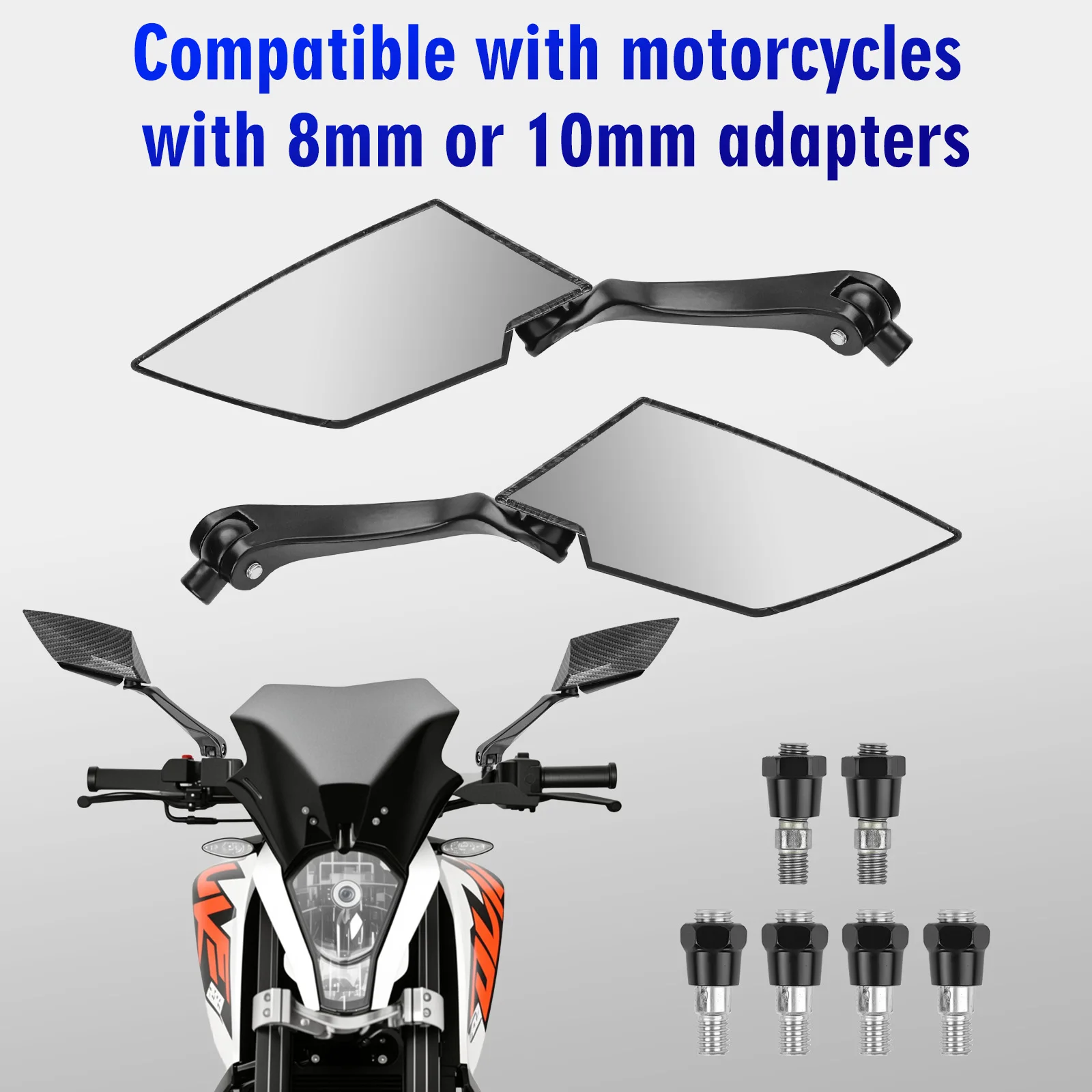 

2pcs 8/10mm Black Motorcycle Mirrors Carbon Fiber Look Finish Motorcycle Rear View Side Mirror Accessories