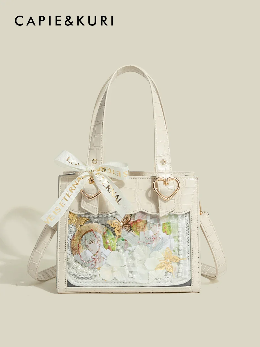 Japanese Original Crocodile Pattern Fashion Women Handbag Lolita Sweet Tie Bow Women Y2k Shoulder Bag Transparent Badge Itabag