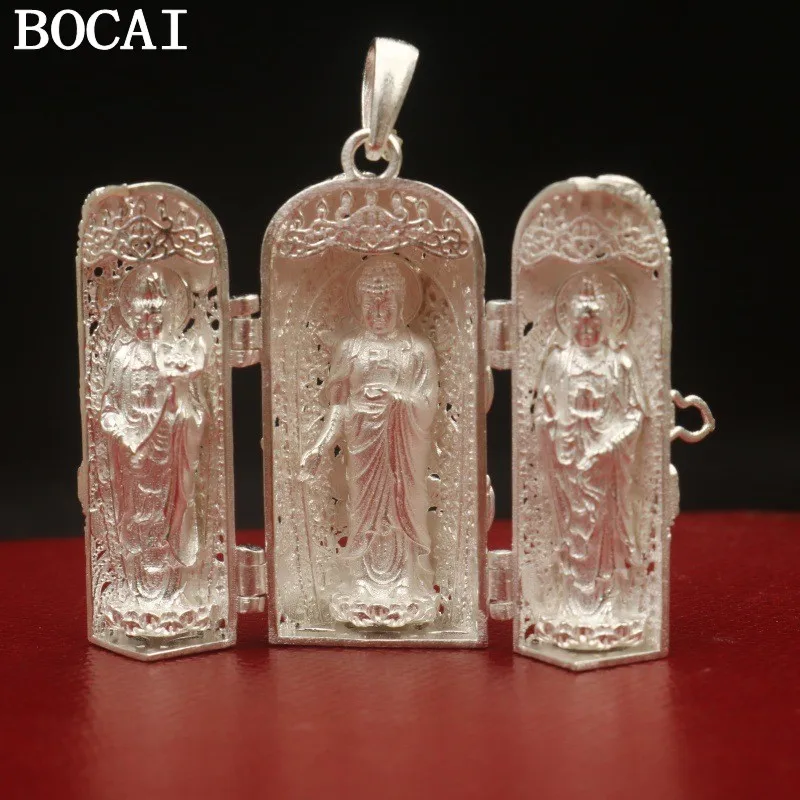 

BOCAI NEW S925 Pure Silver Three Saints Guanyin Pendant Can Be Opened