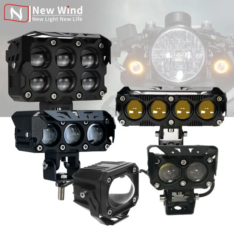 New Motorcycle LED Spotlight Headlight Dual Color  Three-Eye Lens Fish Eye Light Super Bright Modified Waterproof 12-80V