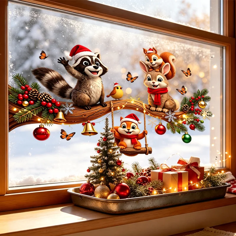 2D Christmas Forest Animal Window Cling, Raccoon Rabbit Squirrel Bird Swing Berry Bell Pine Branch, Cute Reusable Decor