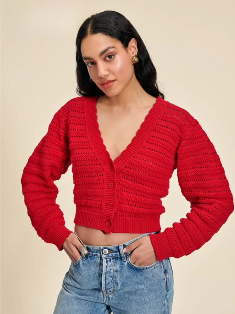 

Rouje August Early Autumn New Red Cotton Knitted Hollow V-ne Long Sve Open Cardigan Simple And Ele Sle Women's Kni...